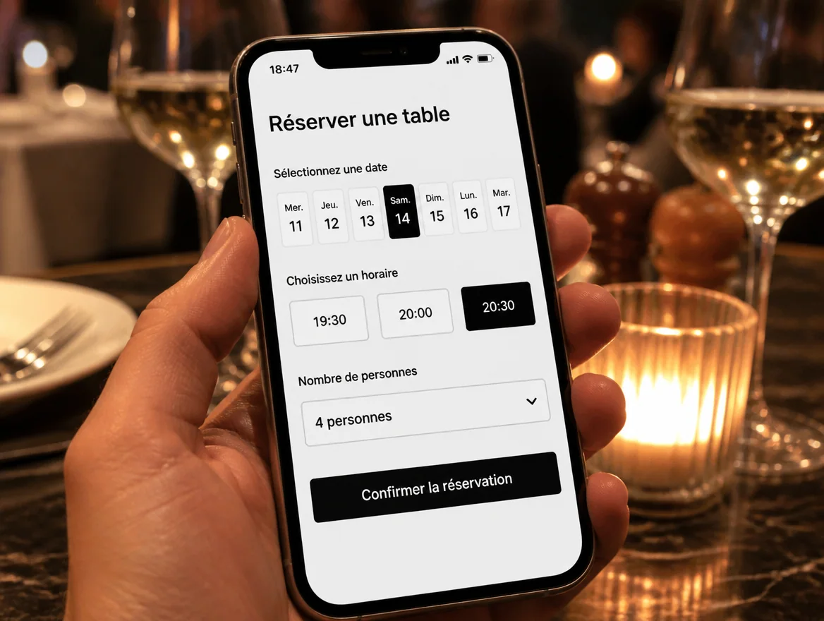 Main tenant un smartphone qui affiche un écran de réservation de table, au-dessus d’une table éclairée à la bougie.