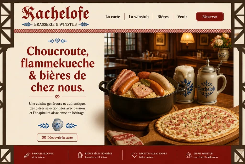 Page d’accueil du site de Kachelofe, brasserie et winstub alsacienne : lettrage gothique rouge, titre « Choucroute, flammekueche & bières de chez nous », choucroute garnie et chopes en grès.