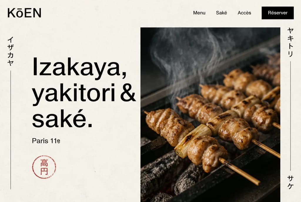 Page d’accueil du site de Kōen, izakaya : mise en page minimaliste noir et blanc et brochettes yakitori sur le grill.
