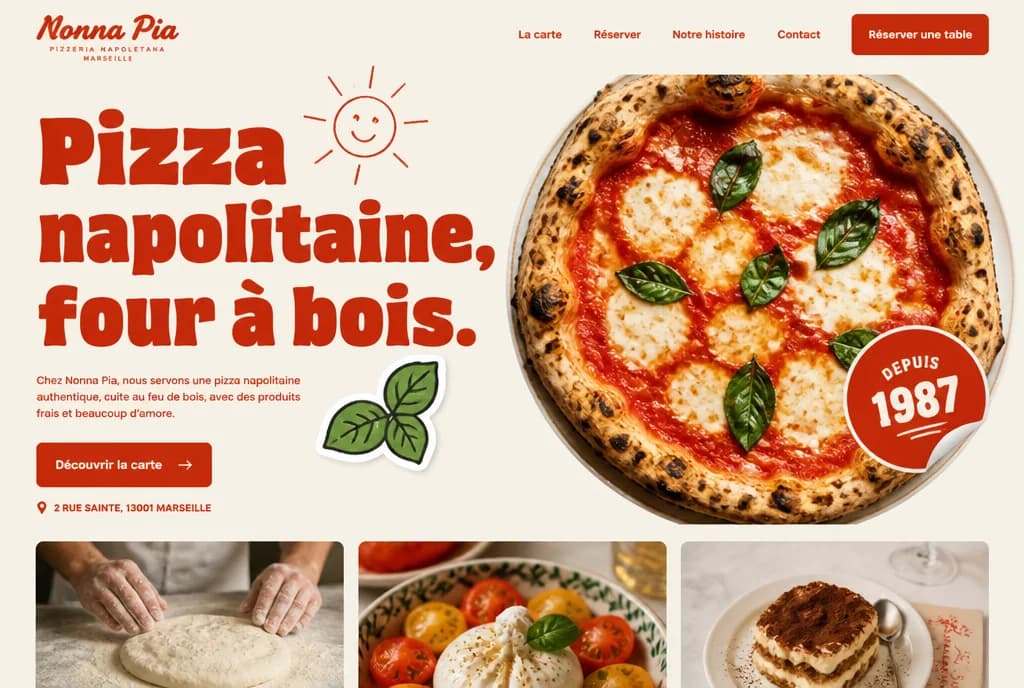 Page d’accueil du site de Nonna Pia, pizzeria napolitaine : titre rouge « Pizza napolitaine, four à bois » et photo d’une margherita.