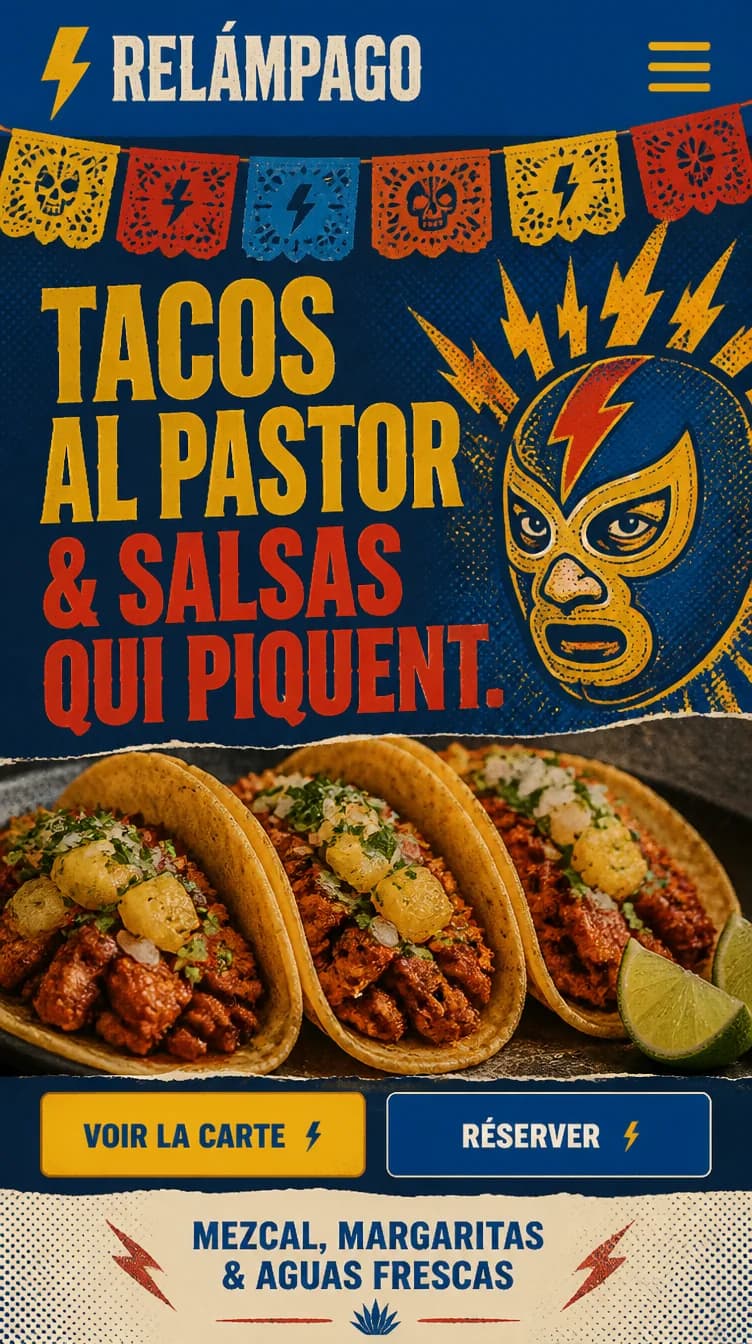 Version mobile du site de Relámpago, taqueria : masque de catcheur, papel picado et titre « Tacos al pastor & salsas qui piquent » sur fond bleu nuit.