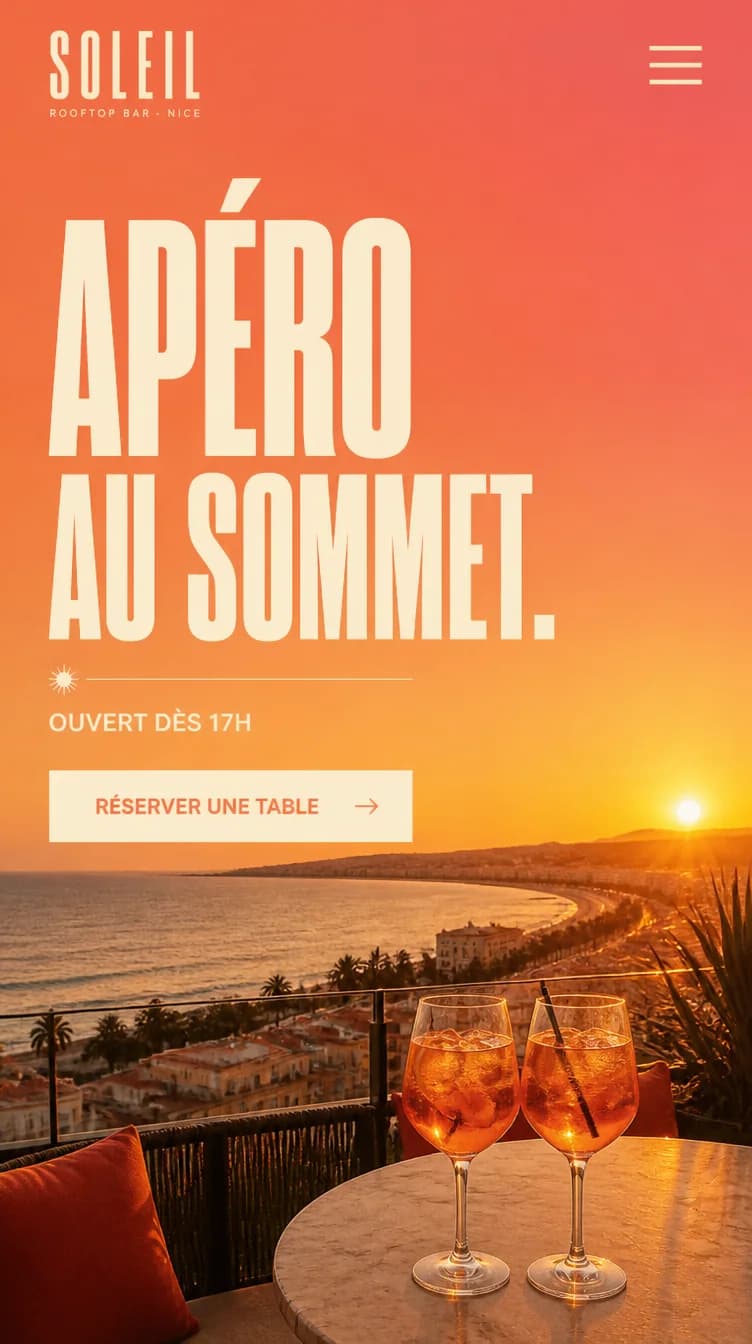 Version mobile du site de Soleil, rooftop : dégradé coucher de soleil et titre « Apéro au sommet ».