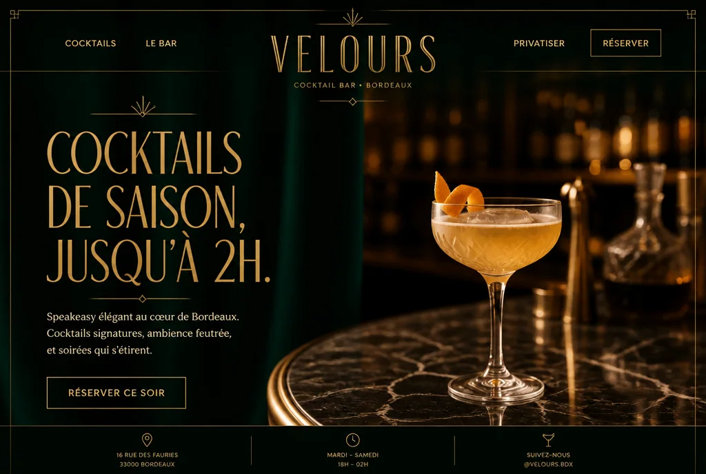 Page d’accueil du site de Velours, bar à cocktails : fond vert velours, lettrage Art déco doré et coupe de cocktail.