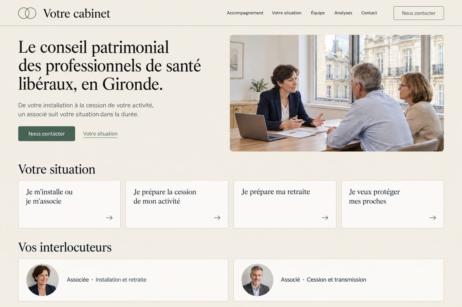 Page d’accueil d’un site concept pour un cabinet de gestion de patrimoine fictif.