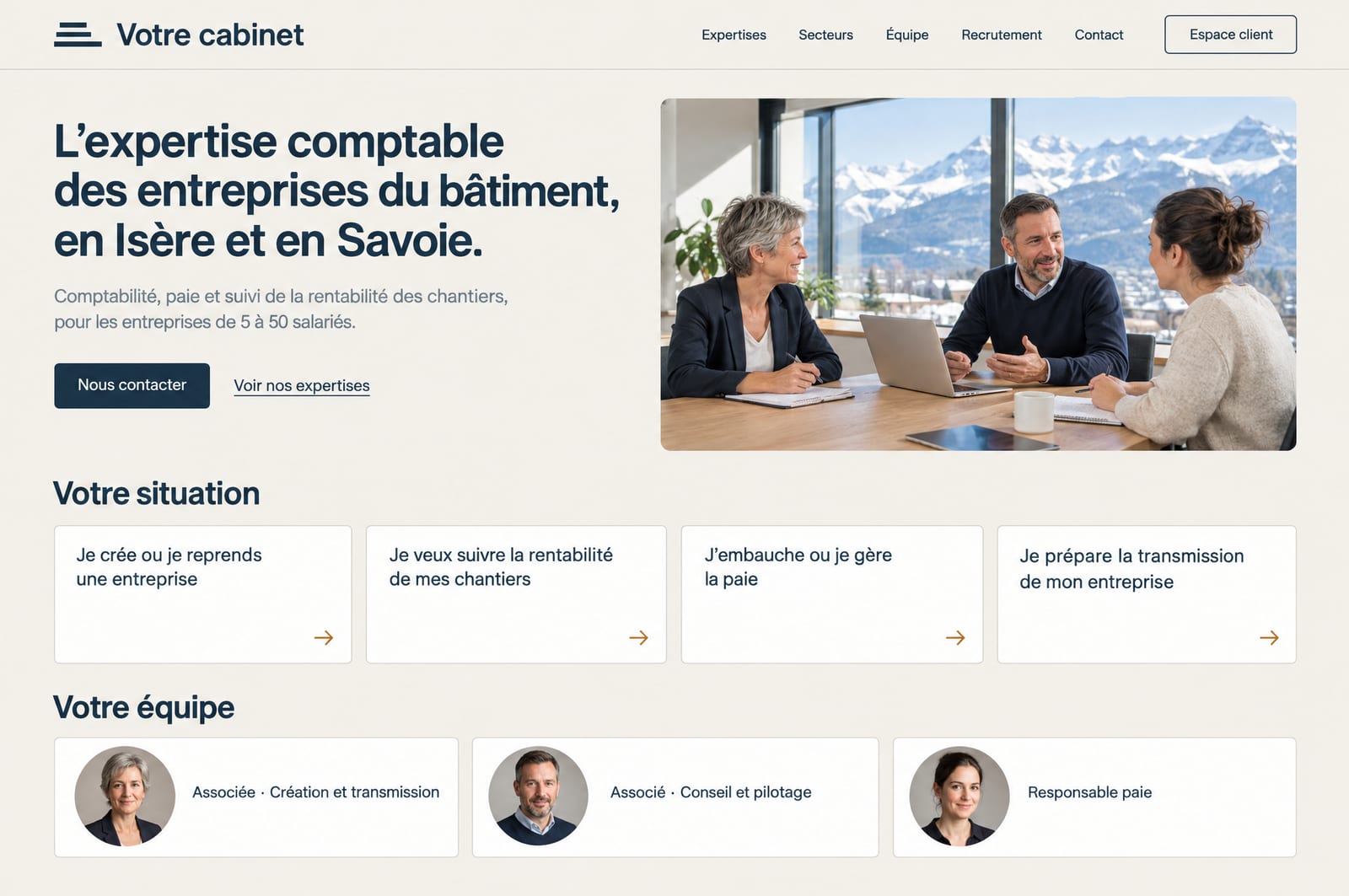 Page d’accueil d’un site concept pour un cabinet d’expertise comptable fictif.
