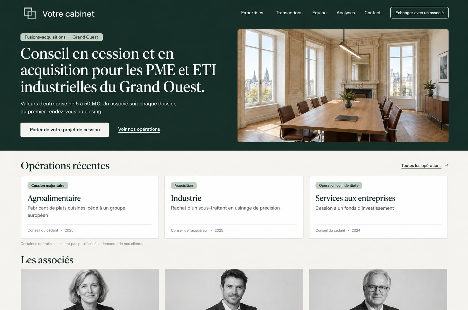 Page d’accueil d’un site concept pour un cabinet M&A fictif.