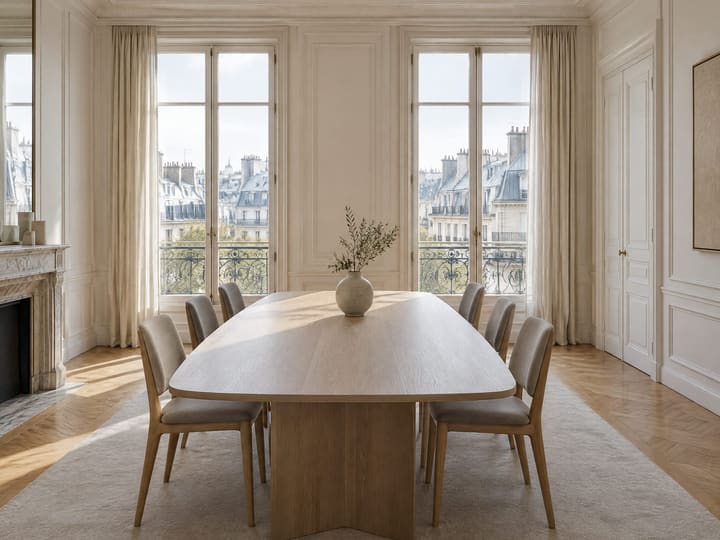 Salle de réunion lumineuse dans un immeuble haussmannien, longue table en chêne.