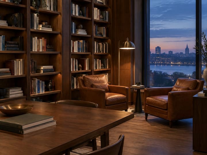 Bureau boisé avec bibliothèque et fauteuils en cuir, vue sur la ville au crépuscule.