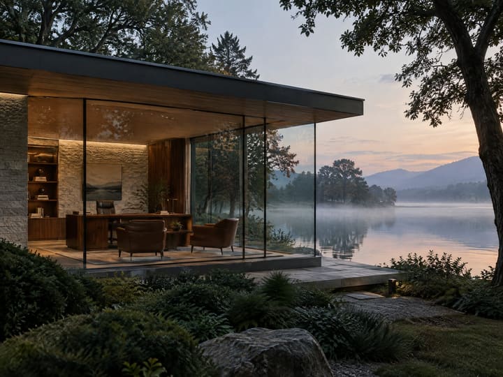 Bureau vitré au bord d’un lac au crépuscule, fauteuils en cuir.